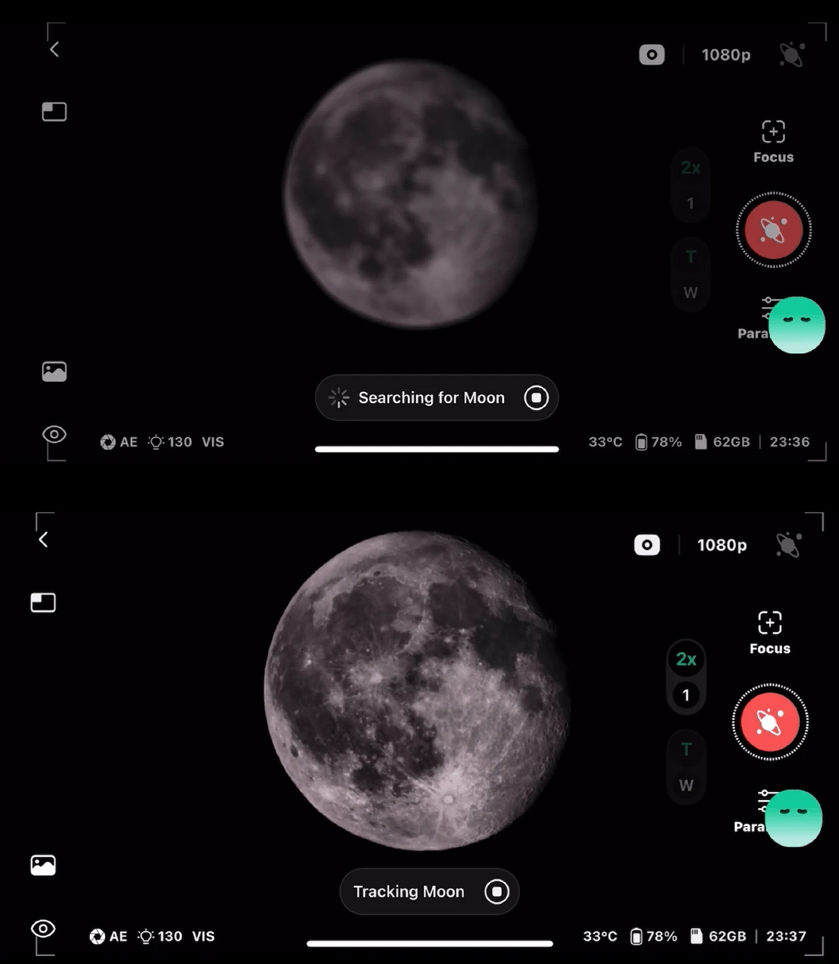 DWARF app showing Moon autofocus and tracking during a lunar eclipse