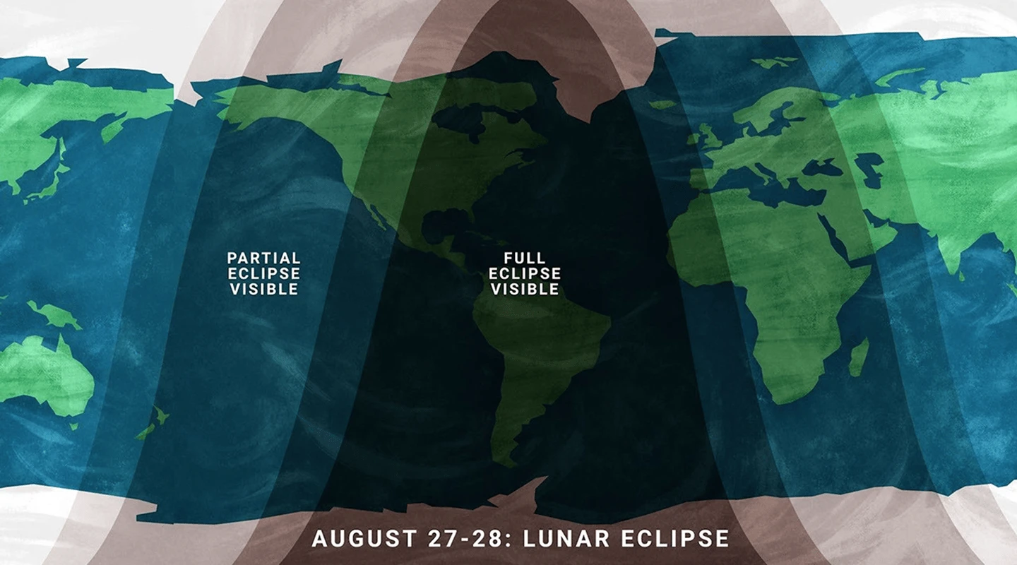 Map showing visibility of the August 2026 partial lunar eclipse