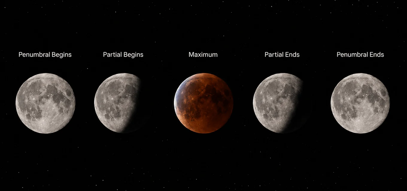 Illustration showing the phases of a lunar eclipse