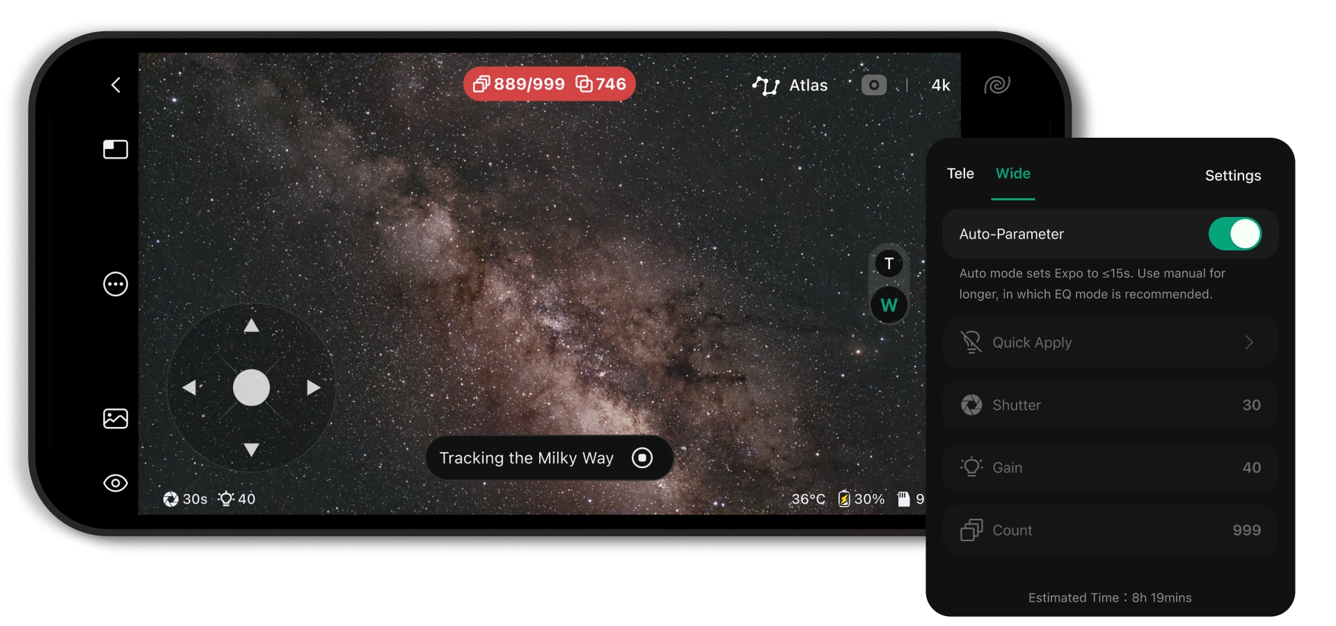 Professional imaging controls in the DWARFLAB App