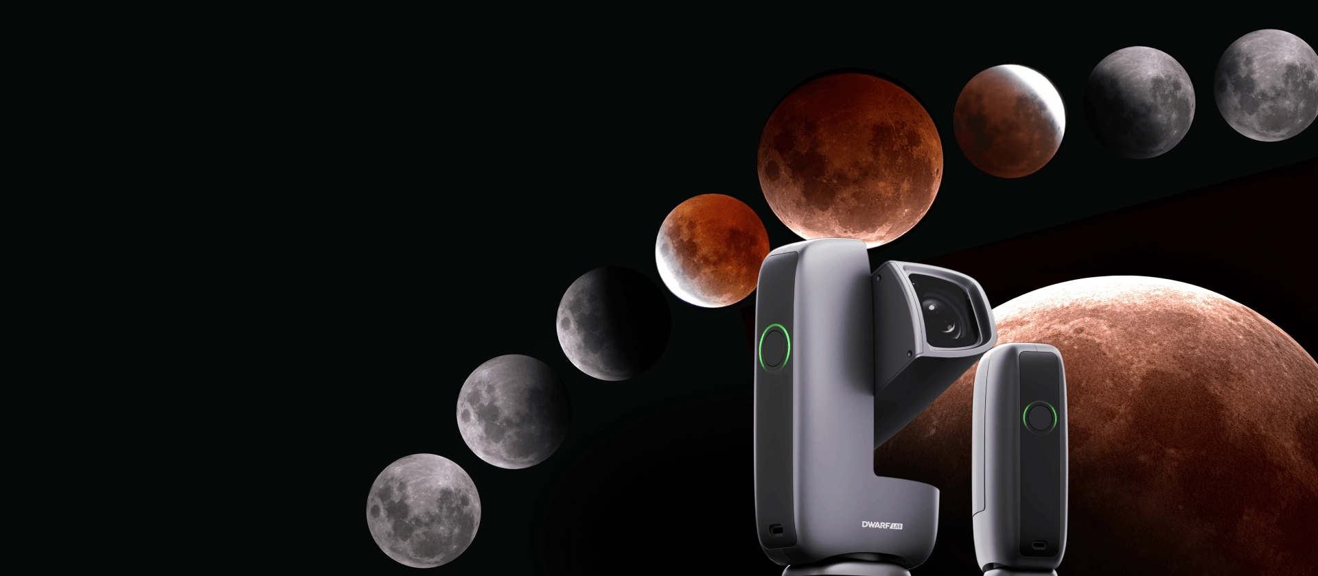DWARF mini and DWARF 3 beneath the phases of a partial lunar eclipse